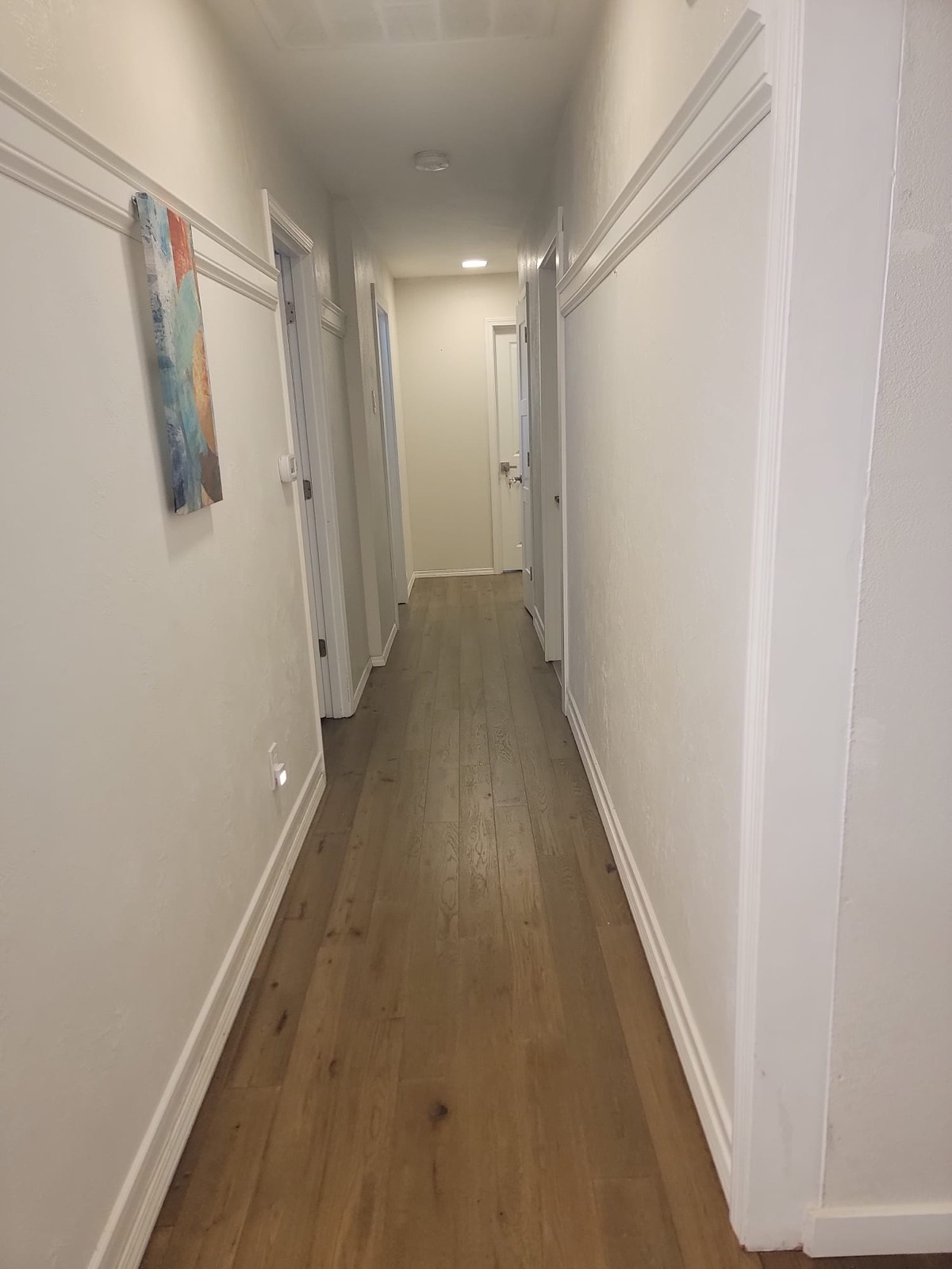 A wide, bright hallway with wood flooring leading to the bedrooms.