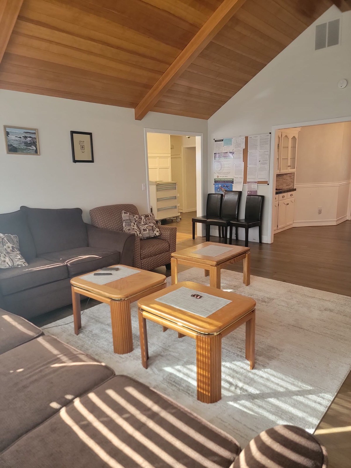 The living room under a vaulted wood ceiling, with sofas, an armchair and small wooden tables on a light rug.