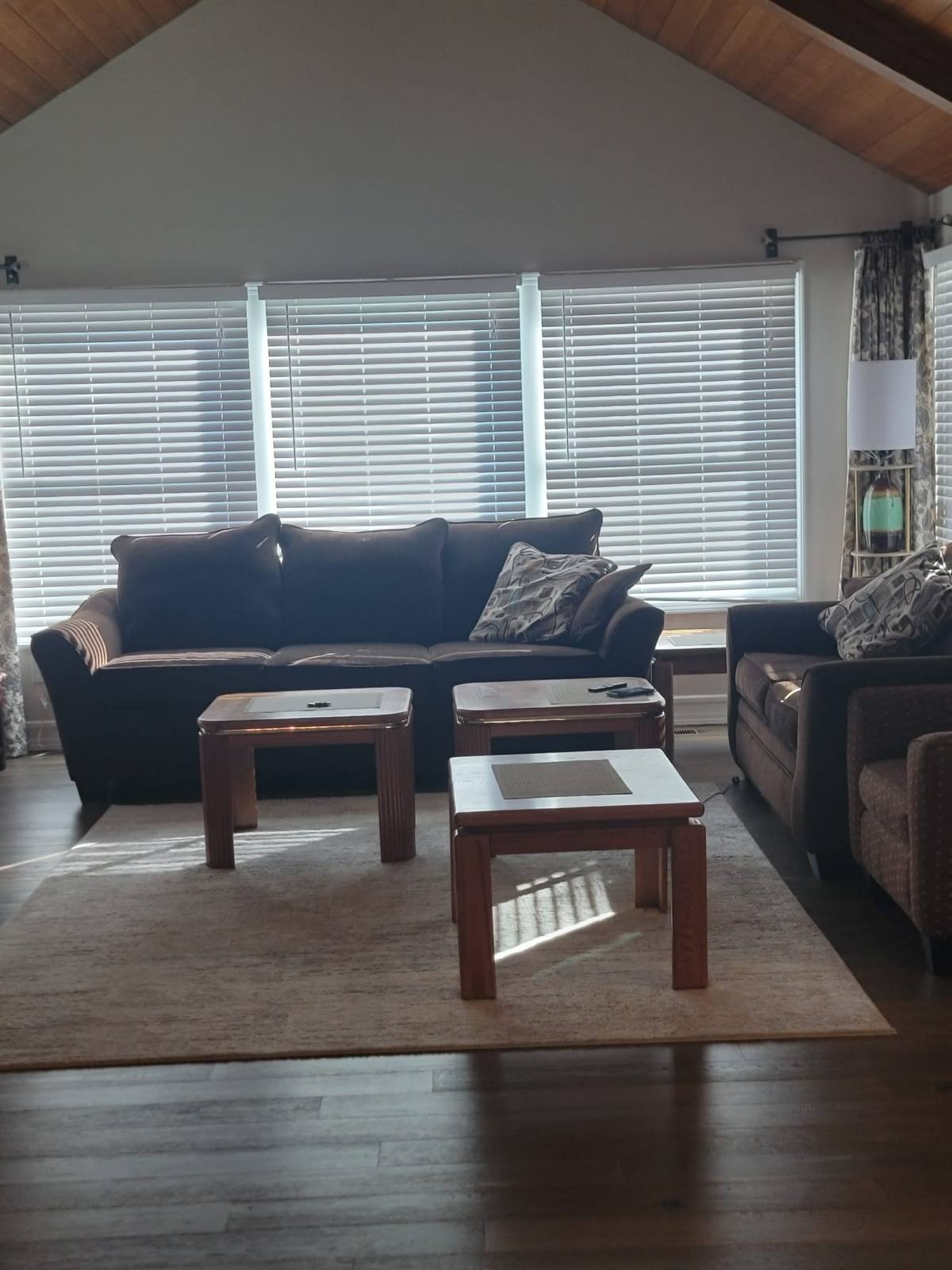 Sofas and side tables in the living room, in front of a row of tall windows.
